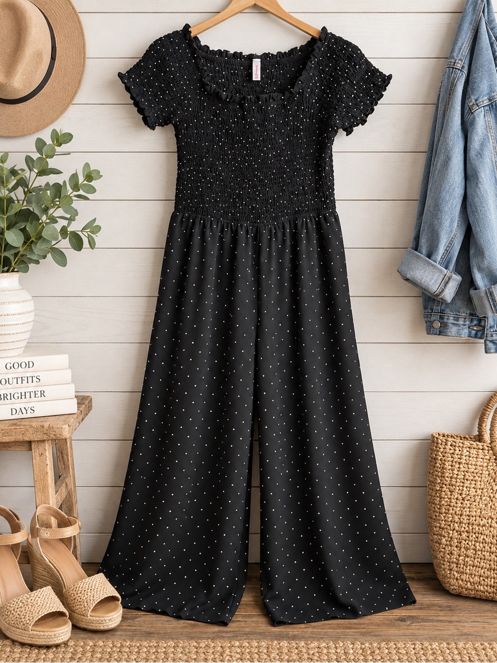 Xhilaration Black Polka Dot Smocked Off-Shoulder Jumpsuit